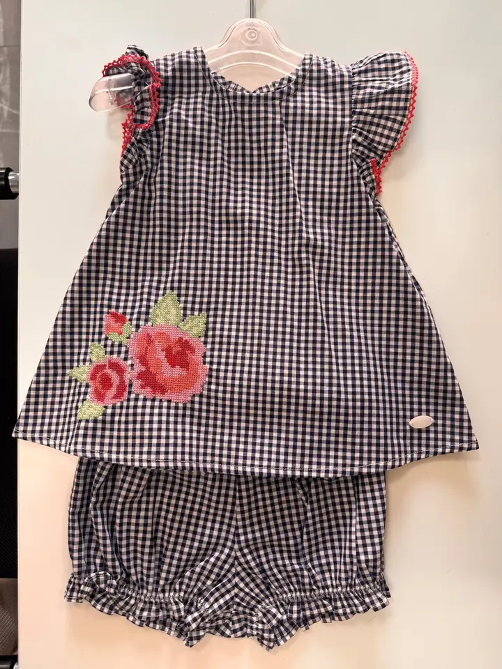 Navy gingham children’s top and bloomers set with floral embroidery