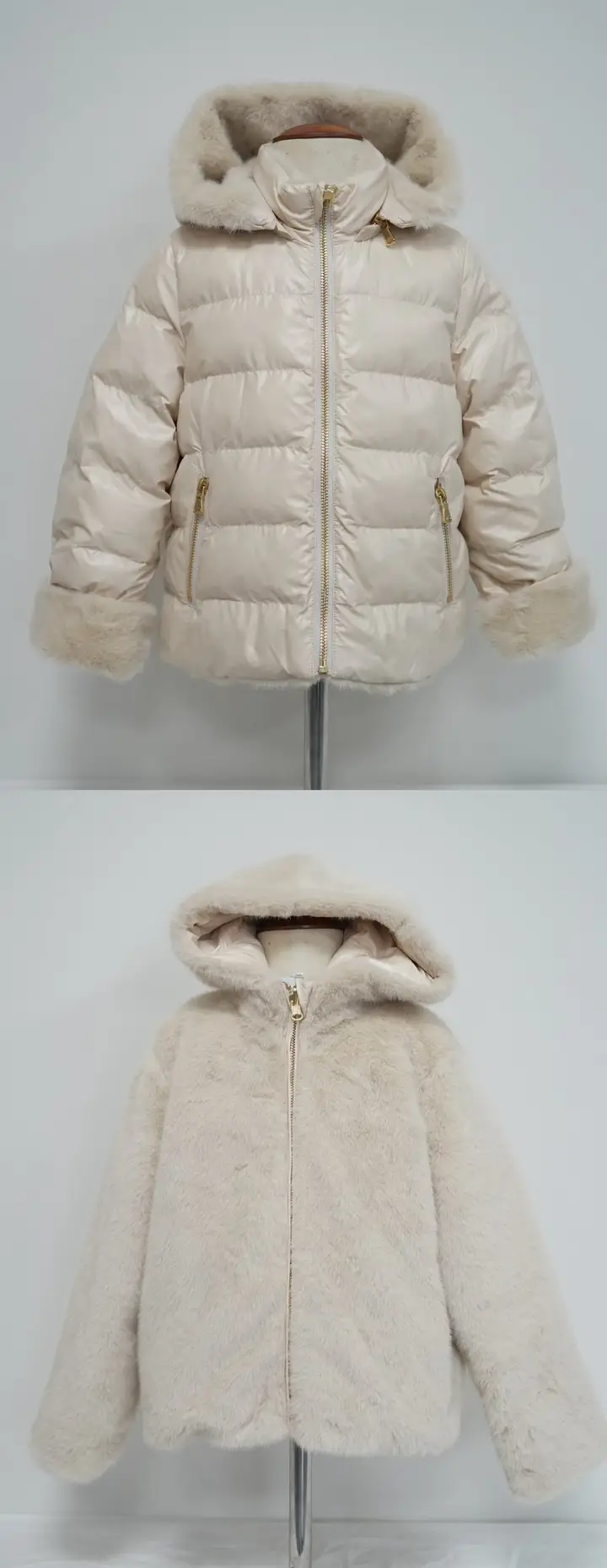 Two cream hooded children’s jackets, one quilted and one plush