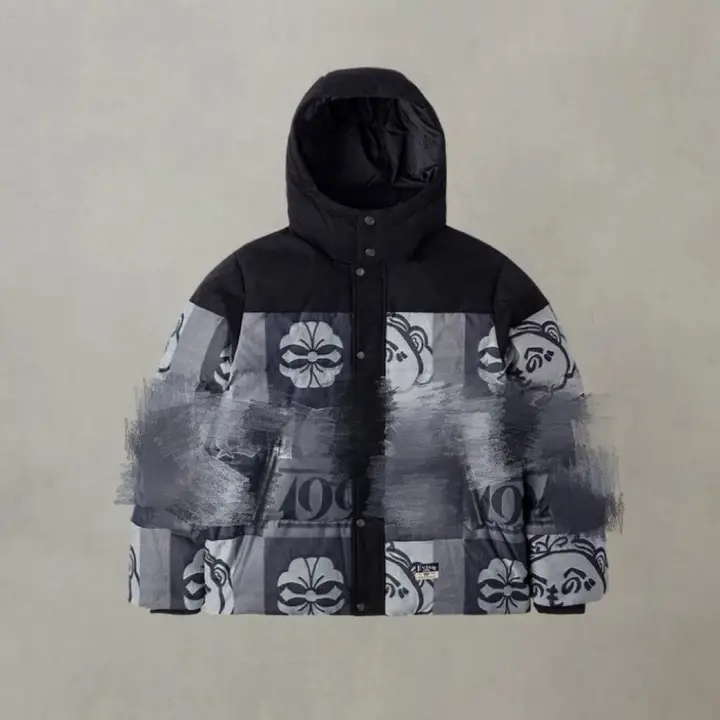 Black and gray graphic-pattern men’s hooded quilted jacket