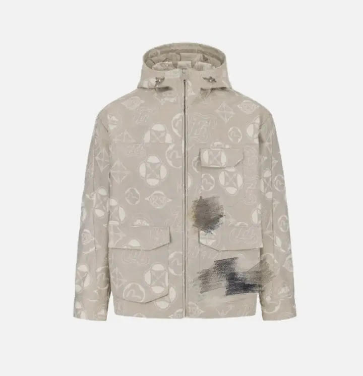 Beige all-over graphic men’s hooded jacket with flap pockets