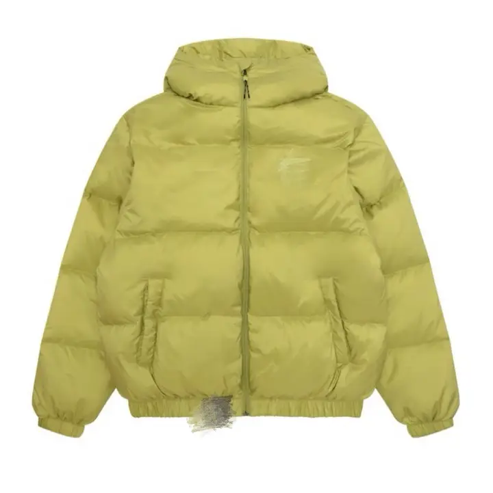 Yellow-green men’s hooded quilted jacket with front pockets