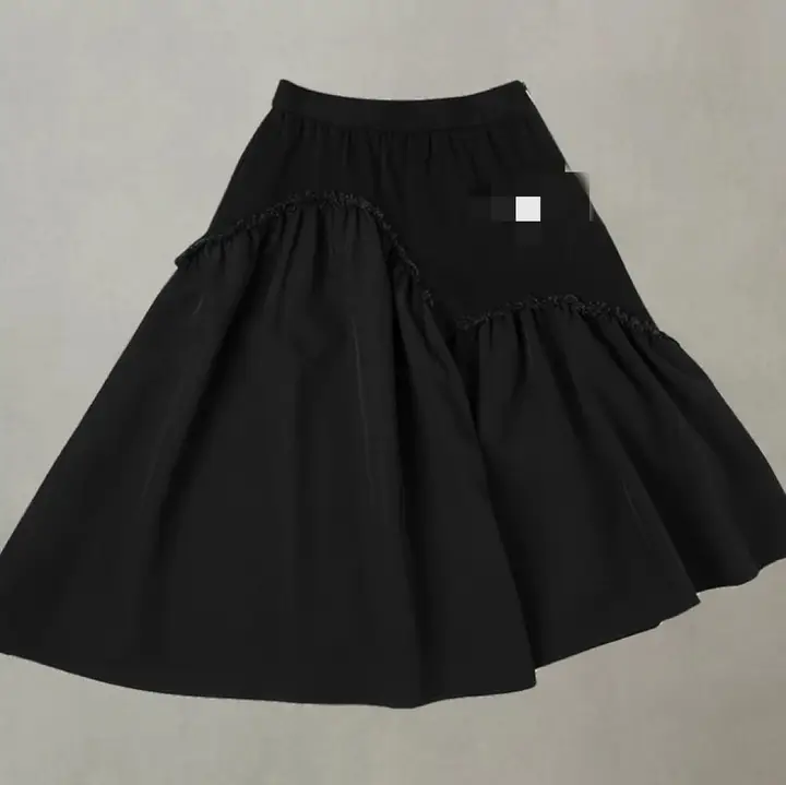 Black women’s flared skirt with asymmetrical gathered panels and trim
