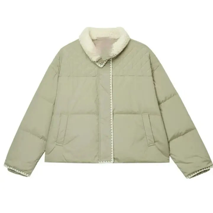 Sage green quilted women’s jacket with a plush collar