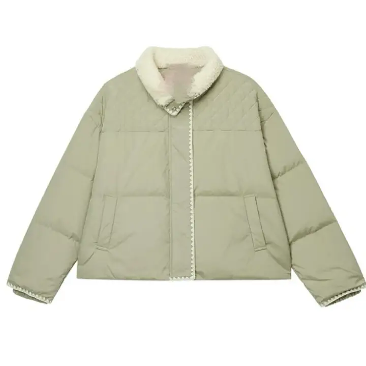 Sage green quilted women’s jacket with a plush collar