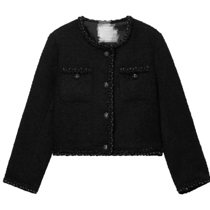 Black textured women’s cropped jacket with braided trim and buttons